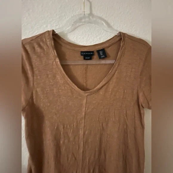 Tahari Tan V-Neck Linen T-Shirt size Small - Picture 3 of 8